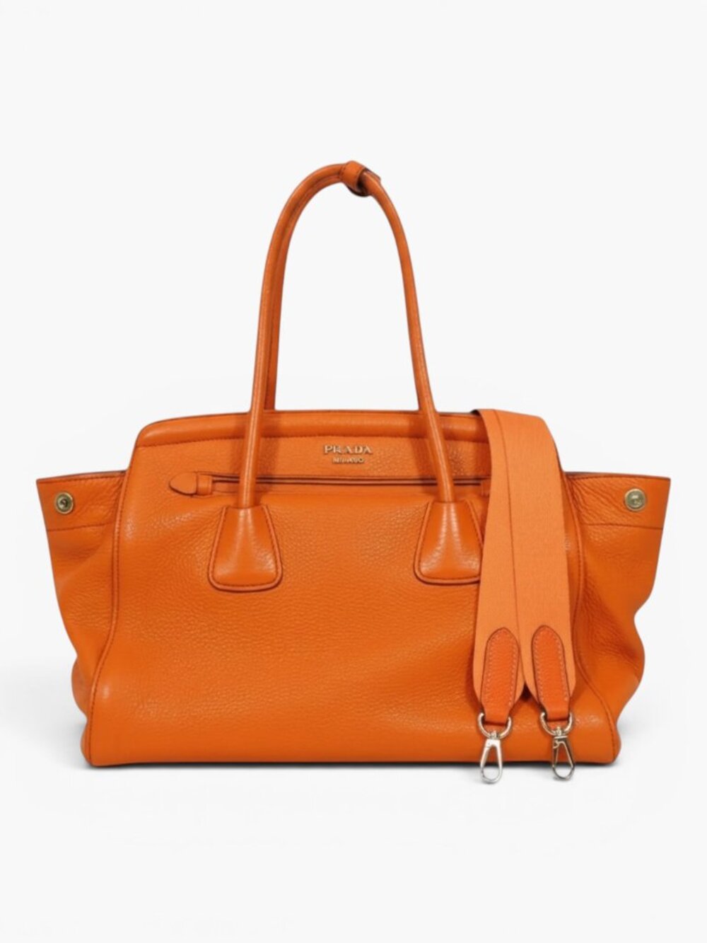 PRADA CONVERTIBLE VITELLO DAINO LARGE SHOPPER TOTE in ORANGE w Shoulder Strap